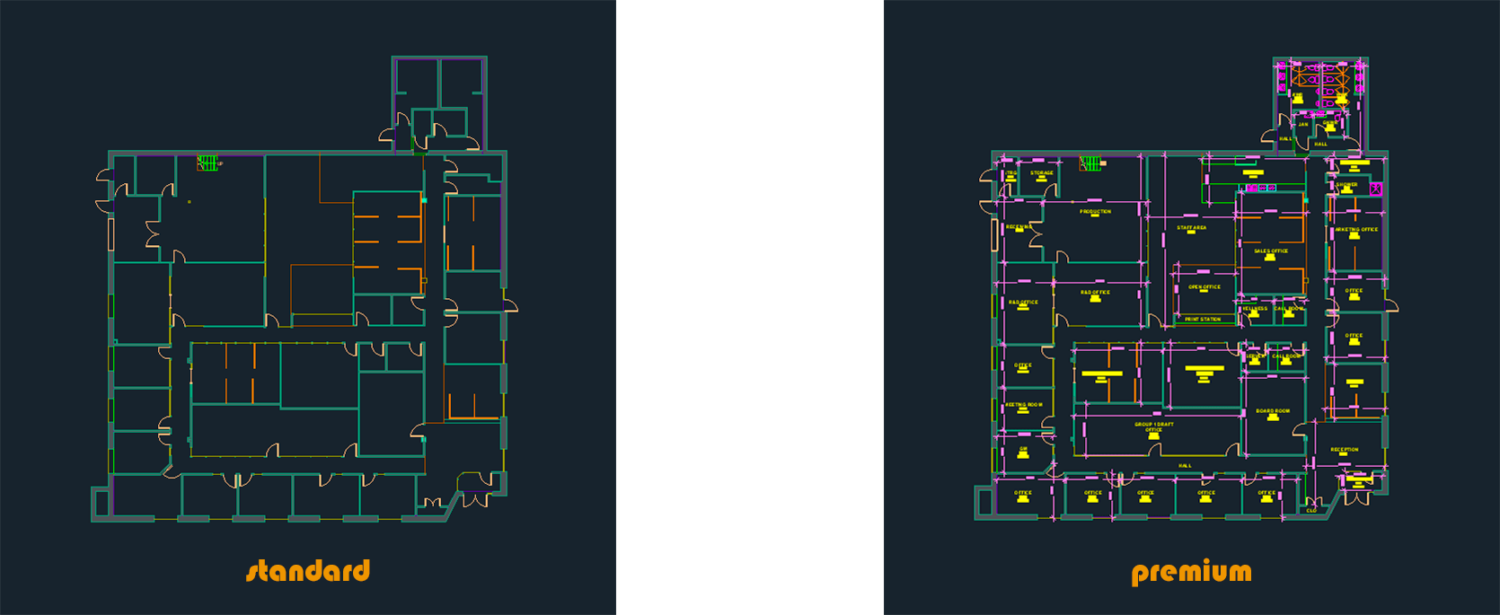a commercial property showing standard DWG floor plan details on the left and premium details on the right