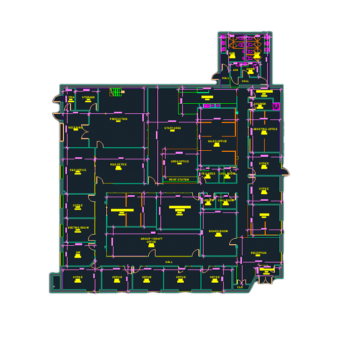 a DWG floor plan file (premium details) of a commercial space, as represented in a CAD software program