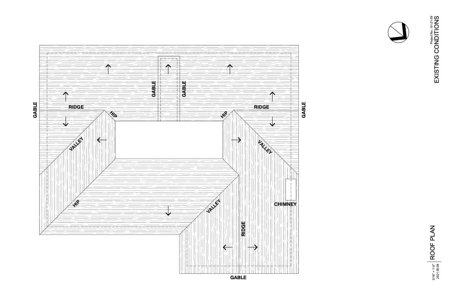 Detailed as-built architectural roof plan for home renovation project
