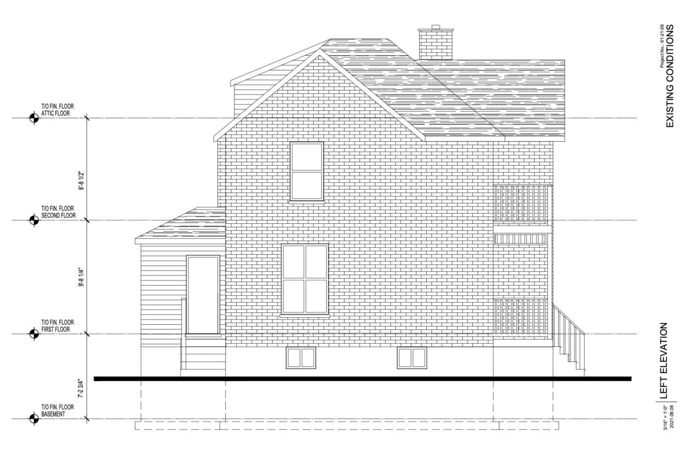 Detailed as-built architectural floor plan for home renovation project - Exterior Elevation